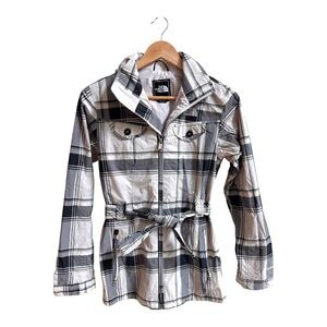 The North Face Black White Plaid Belted Hooded Rain Jacket Womens Size XS